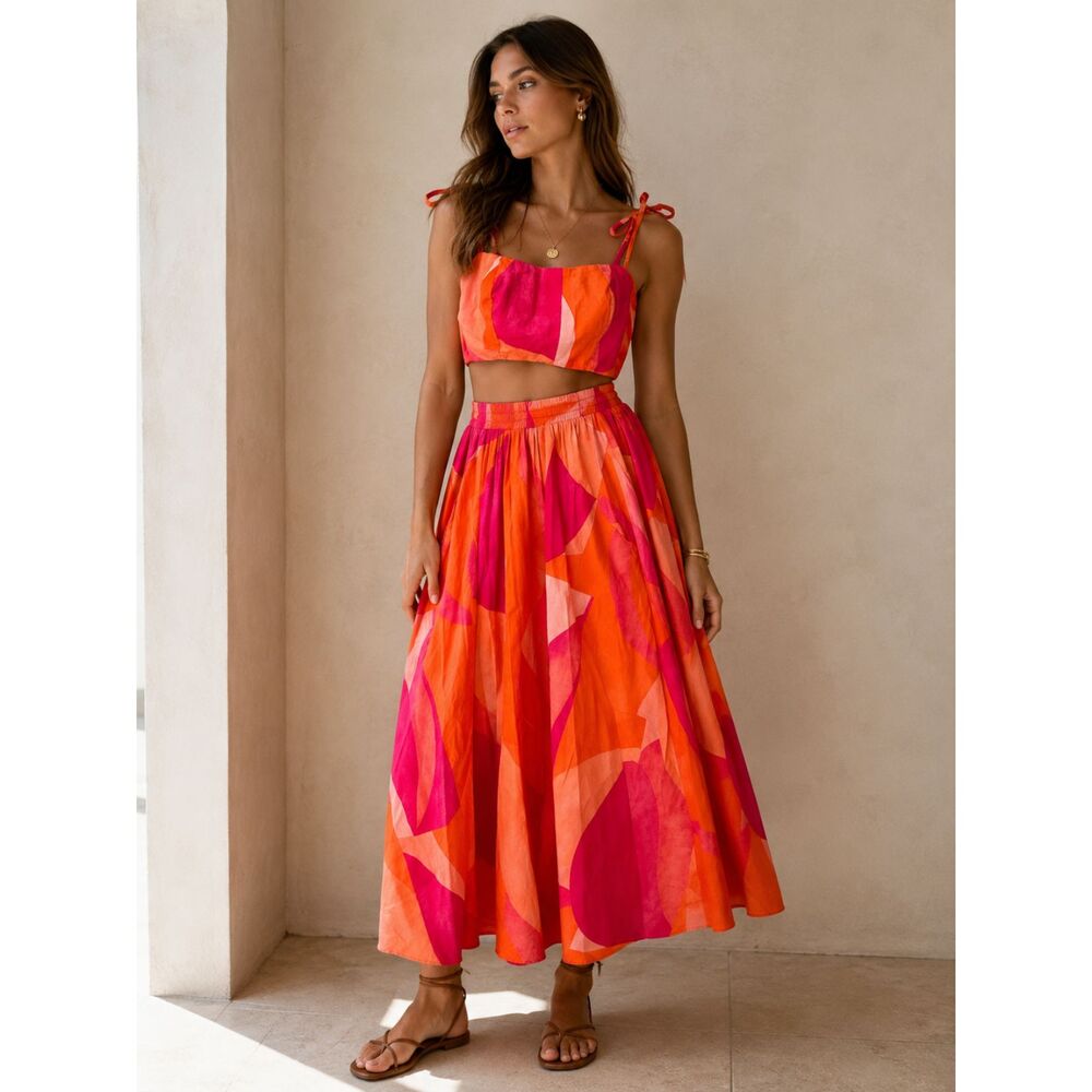 PEIXOTO Patterned Maxi Skirt Set Pink Orange Small